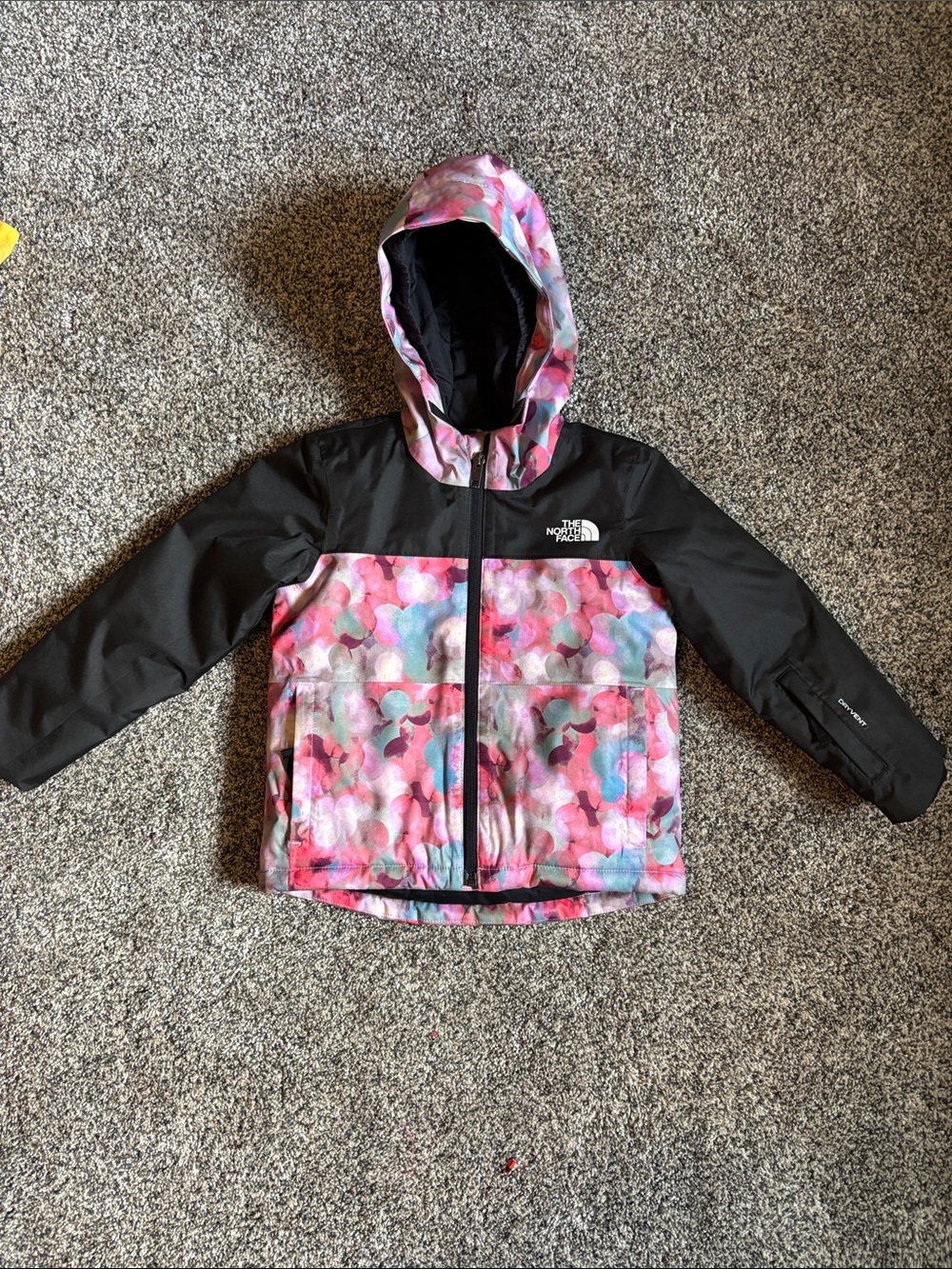 The North Face Girls' Pink Multi-Print Hooded Puffer Jacket with Black Sleeves